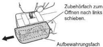 Zubehörfach zum Öffnen nach links schieben. Aufbewahrungsfach