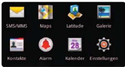 SMS/MMS Maps Latitude Galerie Kontakte Alarm Kalender Einstellungen
