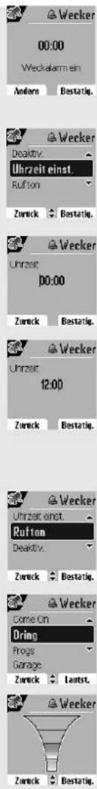 Wecker 00:00 Weckalarm ein Andern Bestätig. Wecker Deaktv. Uhrzeit einst. Ruffon Zurück Bestätig. Wecker Uhrzeit: 00:00 Zurück Bestätig. Wecker Uhrzeit einst. Ruffon Deaktv. Zurück Bestätig. Wecker Come On Dring Frogs Garage Zurück Laufst. Wecker Zurück Bestätig.