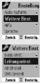 Einstellung Auto Rufann Weitere Einst. Hife Sprache Zurück Bestätig. Weitere Einst. Basis einst. Leitungseinst. AB Einstell. SMS Einstell Zurück Bestätig.