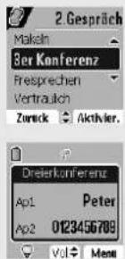 2. Gespräch Makeln 3er Konferenz Fresprechen Vertraulich Zurück Aktivier. Dreierkonferenz Ap1 Peter Ap2 0123456709 Vol Menu