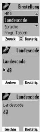Einstellung Hife Landescode Sprache Progr. Tassten Zurück Bestätig. Landescode Landescode 49 Ändern Bestätig. Landescode Landescode 491 Loschen Bestätig.