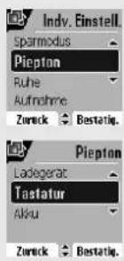 Indv. Einstell. Sparmodus Piepton Ruhe Aufnahme Zuruck Bestatig. Piepton Ladegerat Tastatur Akku Zuruck Bestatig.