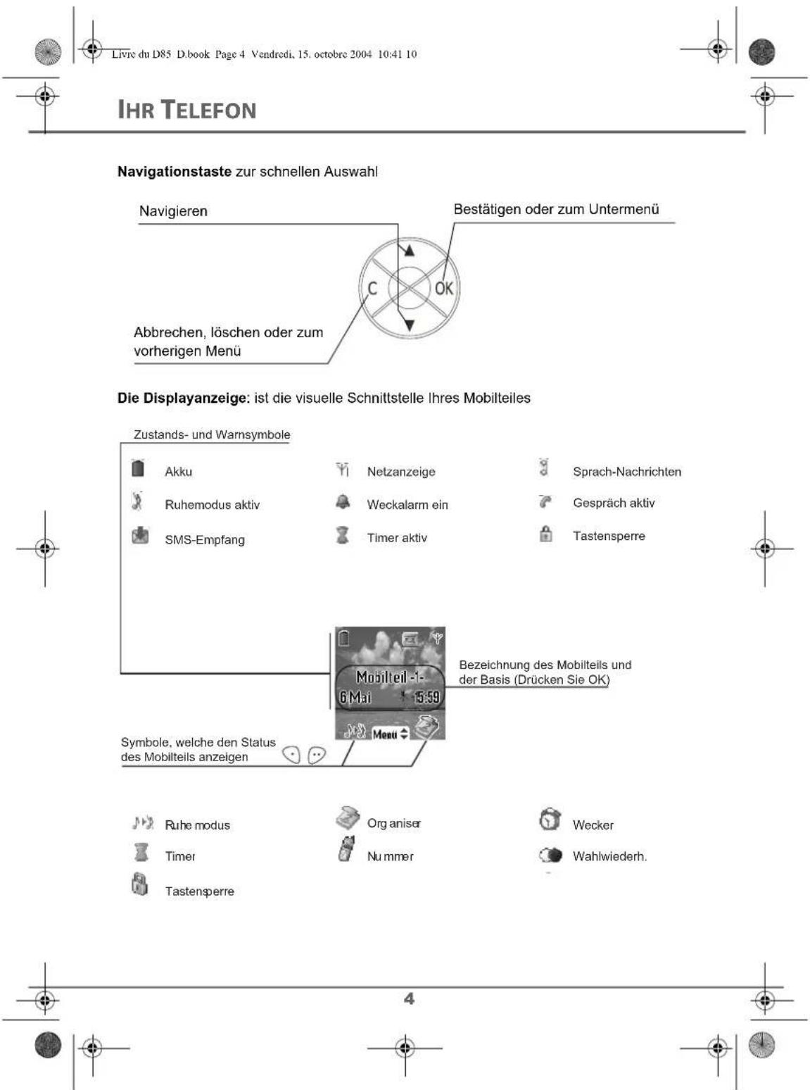 Livre du D85 D.book Page 4 Vendredi, 15. octobre 2004 10:41 10 IHR TELEFON Navigationstaste zur schnellen Auswahl Navigieren Bestätigen oder zum Untermenü Abbrechen, löschen oder zum vorherigen Menü Die Displayanzeige: ist die visuelle Schnittstelle Ihres Mobilteiles Zustands- und Warnsymbole Akku Ruhemodus aktiv SMS-Empfang Netzanzeige Weckalarm ein Timer aktiv Sprach-Nachrichten Gespräch aktiv Tastensperre Bezeichnung des Mobilteils und der Basis (Drücken Sie OK) Symbole, welche den Status des Mobilteils anzeigen Ruhe modus Timer Tastensperre Organiser Nummer Wecker Wahlwiederh.
