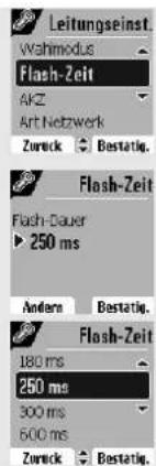 Leitungseinst. Wahmodus Flash-Zeit AKZ Art Netzwerk Zurück Bastätig. Flash-Zeit Flash-Dauer 250 ms Andere Bastätig. Flash-Zeit 180 ms 250 ms 300 ms 600 ms Zurück Bastätig.