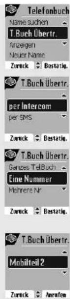 Telefonbuch Name suchen T.Buch Übertr. Anzeigen Neuer Name Zurück ▶ Bestätig. T.Buch Übertr. per Intercom per SMS Zurück ▶ Bestätig. T.Buch Übertr. Ganzes TelBuch Eine Nummer Mehrere Nr Zurück ▶ Bestätig. T.Buch Übertr. Mobilteil 2 Zurück ▶ Aerafen