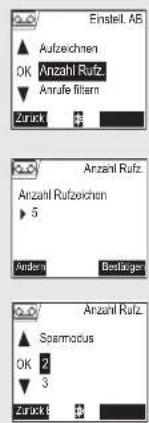 Einstel. AB Aufzechnen OK Anzahl Rufz. Anrufe filtern Zurück Anzahl Rufz. Anzahl Rufzekern ► 5 Audert Bestügel Anzahl Rufz. Soermodus OK 2 3 Zurück
