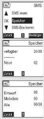 SMS ▲ SMS bean OK Speicher ▼ SMS-Box leeren Zurück Bestanger Speicher verfügbar 24/30 ----. Neue 02 Zurück + Speicher Entwurf 06 Melodien 00 Alle 06/30 Zurück +