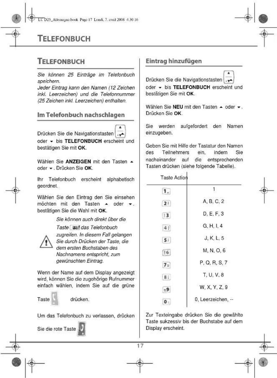LU D23_Allemagne.book Page 17 Lundi, 7. avril 2008 4:30 16 TELEFONBUCH TELEFONBUCH Sie können 25 Einträge im Telefonbuch speichern. Jeder Eintrag kann den Namen (12 Zeichen inkl. Leerzeichen) und die Telefonnummer (25 Zeichen inkl. Leerzeichen) enthalten. Im Telefonbuch nachschlagen Drücken Sie die Navigationstasten oder - bis TELEFONBUCH erscheint und bestätigen Sie mit OK. Wählen Sie ANZEIGEN mit den Tasten - oder - Drücken Sie OK. Ihr Telefonbuch erscheint alphabetisch geordnet. Wählen Sie den Eintrag den Sie einsehen möchten mit den Tasten - oder - bestätigen Sie die Wahl mit OK. Sie können auch direkt über die Taste auf das Telefonbuch zugreifen. In diesem Fall gelangen Sie durch Drücken der Taste, die dem ersten Buchstaben des Nachnamens entspricht, zum gewünschten Eintrag. Wenn der Name auf dem Display angezeigt wird, können Sie die zugehörige Rufnummer einfach wählen, indem Sie auf die grüne Taste drücken. Um das Telefonbuch zu verlassen, drücken Sie die rote Taste Eintrag hinzufügen Drücken Sie die Navigationstasten oder - bis TELEFONBUCH erscheint und bestätigen Sie mit OK. Wählen Sie NEU mit den Tasten - oder - Drücken Sie OK. Sie werden aufgefordert den Namen einzugeben. Geben Sie mit Hilfe der Tastatur den Namen des Teilnehmers ein, indem Sie nacheinander auf die entsprechenden Tasten drücken (siehe folgende Tabelle). Taste Action 1. 2: 3 4: 5: 6 7: 8: 9: 0: 1 A, B, C, 2 D, E, F, 3 G, H, I, 4 J, K, L, 5 M, N, O, 6 P, Q, R, S, 7 T, U, V, 8 W, X, Y, Z, 9 0, Leerzeichen, -- Zur Texteingabe drücken Sie die gewählte Taste sukzessiv bis der Buchstabe auf dem Display erscheint.