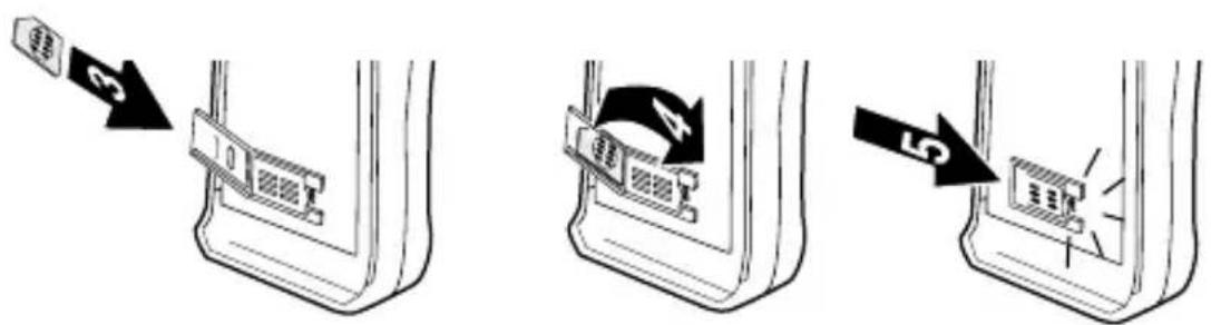 Diagram illustrating three steps of a device or component assembly with labeled arrows and symbols