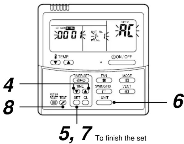 SET DATA SETTING 000 UNIT No. RC No. TEMP. ON/OFF TIMER SET FAN MODE TIME SWING/FIX VENT UNIT FILTER RESET TEST SET CL 5,7 To finish the set 4 8 6