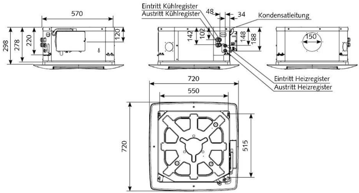 570 298 278 220 120 Eintritt Kühlregister Austritt Kühlregister 48 34 Kondensatleitung 142 102 148 188 150 720 550 720 515