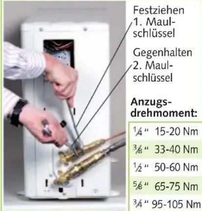 Festziehen 1. Maul- schlüssel Gegenhalten 2. Maul- schlüssel Anzugs- drehmoment: 1/4" 15-20 Nm 3/8" 33-40 Nm 1/2" 50-60 Nm 5/8" 65-75 Nm 3/4" 95-105 Nm