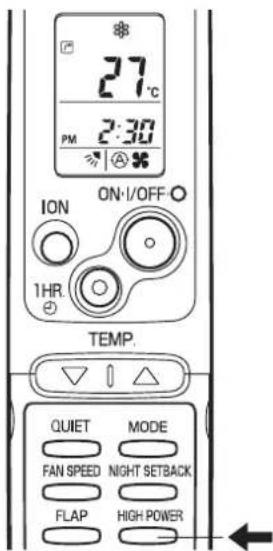 27°C PM 2:30 ON·I/OFF ION 1HR. TEMP. QUIET MODE FAN SPEED NIGHT SETBACK FLAP HIGH POWER