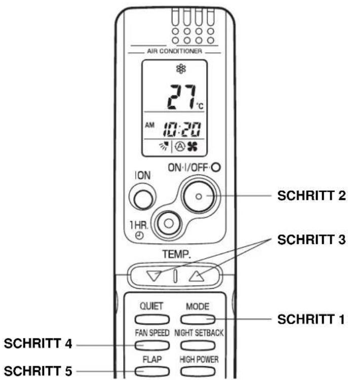 AIR CONDITIONER 27°C AM 10:20 ON-1/OFF ION 1HR. TEMP. SCHRITT 2 SCHRITT 3 SCHRITT 1 QUIET MODE FAN SPEED NIGHT SETBACK FLAP HIGH POWER SCHRITT 4 SCHRITT 5