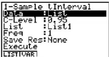CASIO Algebra FX 1.0 Plus - • 1-Stichproben t-Intervall (1-Sample t-Interval) - 1