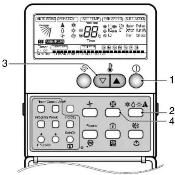 AUTO SWING OPERATION SET TEMP FAN SPEED SUB FUNCTION Guam temp HI AUTO Header Preheat 80 °C MEJ DEHOST Humicity Time LC Filter Cut color PUMMUF-5.50 Timer Operation/Control Program reg On Off 01:03:06:07:09 11:13 15:17 19:21 23 SET % Time 01:03:06:07:09 11:13 15:17 19:21 23 Timer Cancel 2ndF Program Week Holoay Plasma Set/Cir Hour Min m.m.t 1 2 4