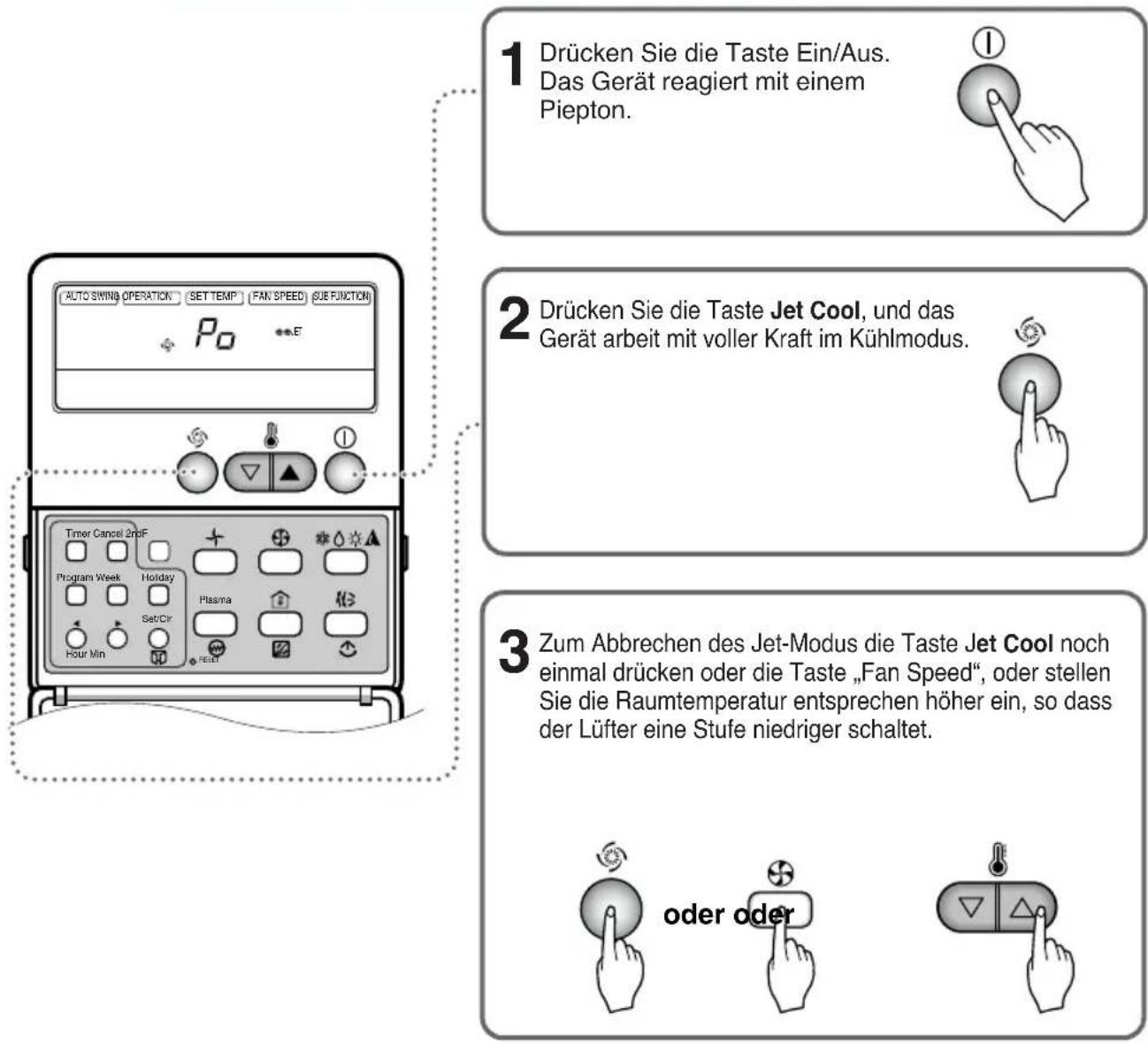 1 Drücken Sie die Taste Ein/Aus. Das Gerät reagiert mit einem Piepton. 2 Drücken Sie die Taste Jet Cool, und das Gerät arbeit mit voller Kraft im Kühlmodus. 3 Zum Abbrechen des Jet-Modus die Taste Jet Cool noch einmal drücken oder die Taste „Fan Speed“, oder stellen Sie die Raumtemperatur entsprechen höher ein, so dass der Lüfter eine Stufe niedriger schaltet.