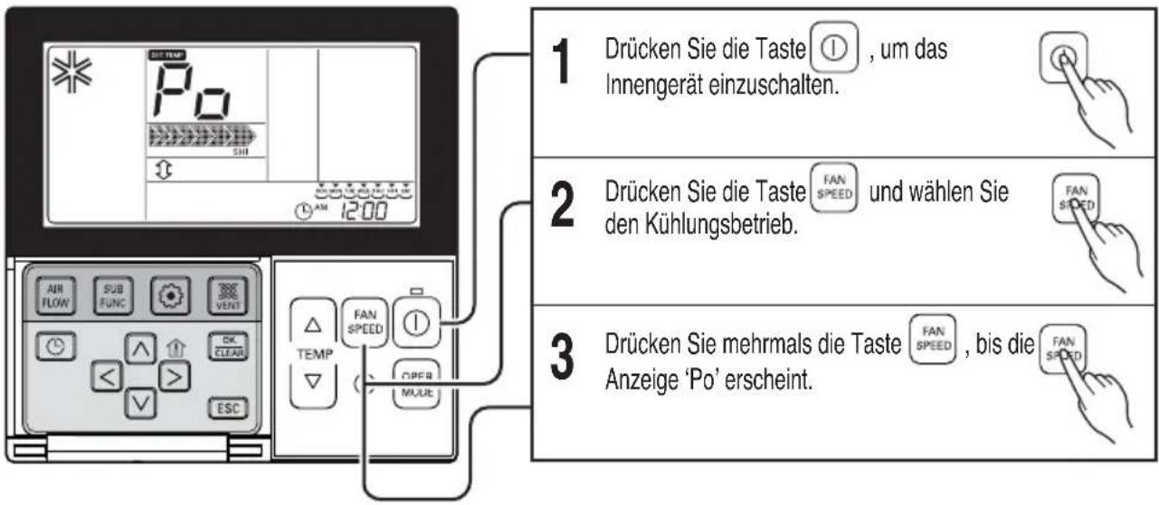 1 Drücken Sie die Taste ⓘ , um das Innengerät einzuschalten. 2 Drücken Sie die Taste FAN SPEED und wählen Sie den Kühlungsbetrieb. 3 Drücken Sie mehrmals die Taste FAN SPEED , bis die Anzeige 'Po' erscheint.