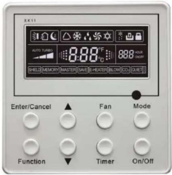 3.11 AUTO TURBO 8:00 °C 8:00 HOUR ON/OFF SHIELD MEMORY MASTER SAVE E-HEATER BLOW CO2 QUET Enter/Cancel Fan Mode Function Timer On/Off