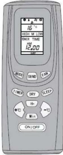 16°C HIGH M LOW TIMER TIME AM 12:00 OFF MODE SEND FAN TIMER DRY SLEEP Hr +°C -°C Min ON/OFF