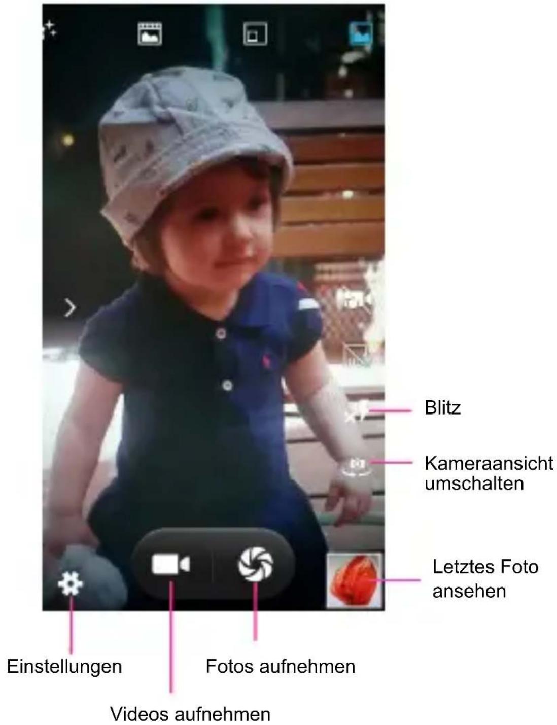 Blitz Kameraansicht umschalten Letztes Foto ansehen Einstellungen Fotos aufnehmen Videos aufnehmen