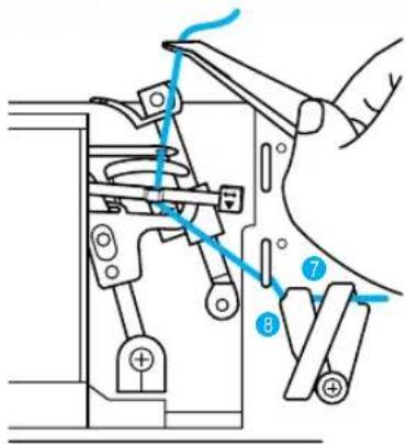 Technical diagram showing a hand using a tool to adjust or install a mechanical component, with numbered parts labeled 7 and 8.