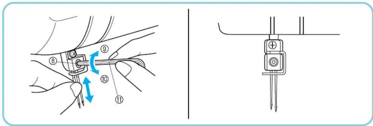 Technical diagram showing a hand operating a cable with labeled parts and directional arrows indicating motion or movement.