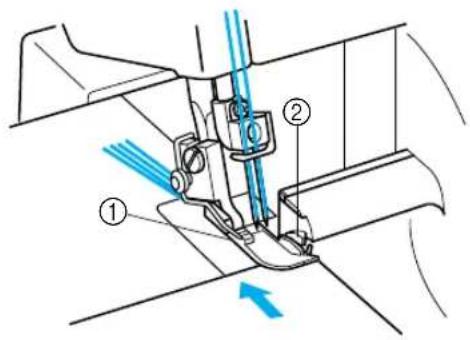 Technical diagram of a sewing machine with labeled parts and directional arrows indicating motion or force