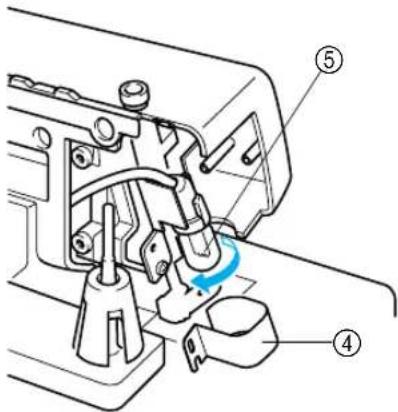 Technical diagram of a mechanical assembly with numbered parts and a blue circular arrow indicating rotation or motion.