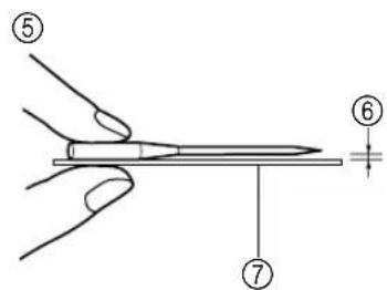 Diagram showing a hand holding a pen with labeled parts ⑤, ⑥, and ⑦, likely illustrating a precision or mechanical procedure.