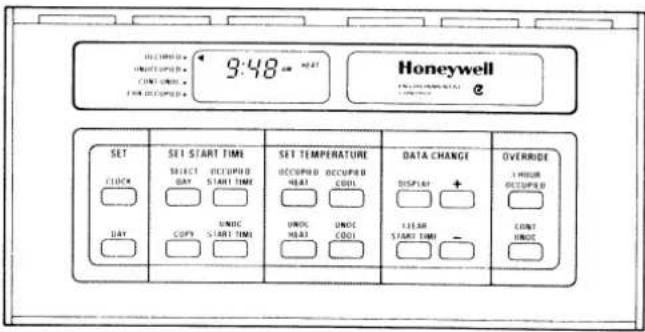 Honeywell e 3:48 AM SET START TIME SELECT ACCUPRD DAY START TIME SET TEMPERATURE OCCUPRD OCCUPRD HEAT COOL DAY UNOC COPY START TIME UNOC HEAT UNOC COOL DATA CHANGE DISPLAY + 15 AR START TIME - OVERRIDE 1 HOUR ACUPRD CONT. INDIC