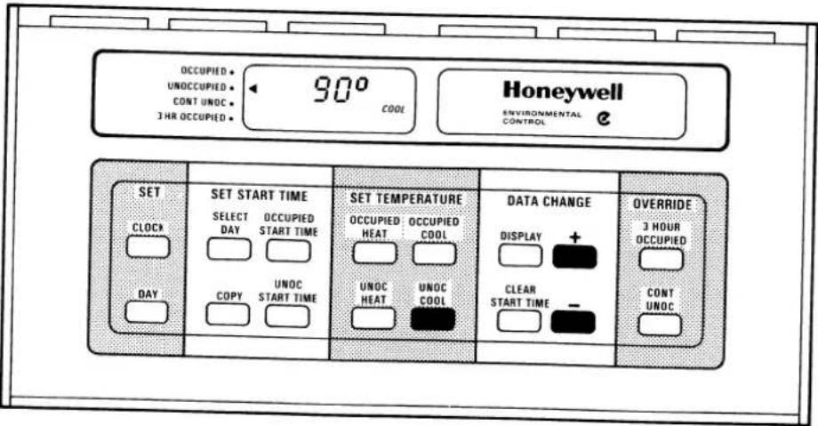 OCCUPIED * UNOCCUPIED * CONT UNOC * 3 HR OCCUPIED * 90° COOL Honeywell ENVIRONMENTAL CONTROL SET CLOCK DAY SET START TIME SELECT DAY OCCUPIED START TIME UNOC START TIME COPY UNOC START TIME SET TEMPERATURE OCCUPIED: HEAT OCCUPIED COOL UNOC HEAT UNOC COOL DATA CHANGE DISPLAY + CLEAR START TIME - OVERRIDE 3 HOUR OCCUPIED CONT UNOC