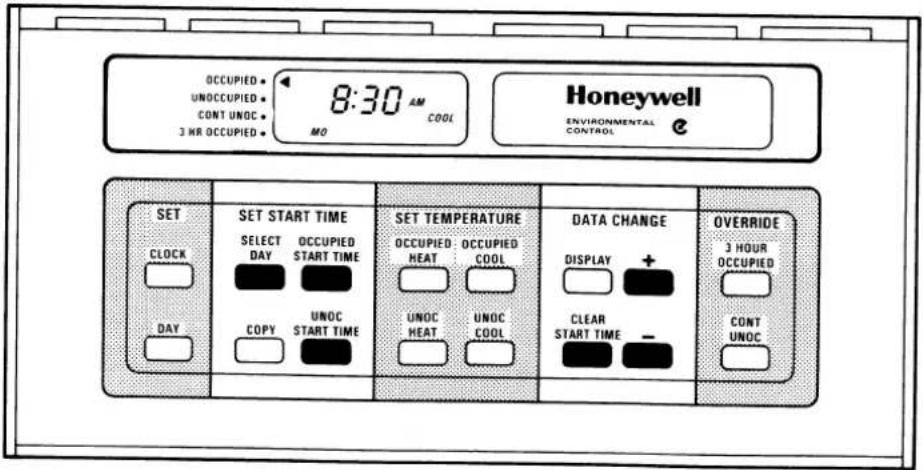 OCCUPIED UNOCCUPIED CONT UNOC 3 HR OCCUPIED 8:30 AM MO Honeywell ENVIRONMENTAL CONTROL SET CLOCK DAY SET START TIME SELECT DAY OCCUPIED START TIME COPY UNOC START TIME SET TEMPERATURE OCCUPIED: OCCUPIED HEAT COOL UNOC HEAT UNOC COOL DATA CHANGE DISPLAY + CLEAR START TIME - OVERRIDE 3 HOUR OCCUPIED CONT UNOC