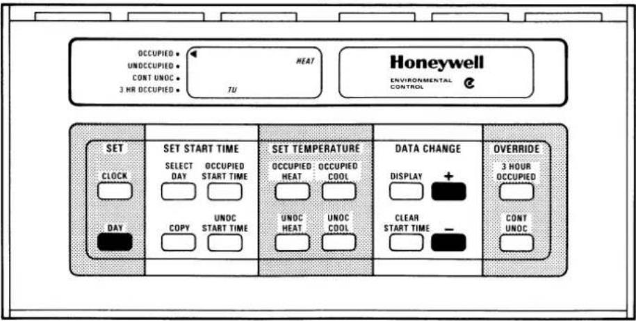 OCCUPIED UNOCCUPIED CONT UNOC 3 HR OCCUPIED HEAT TU Honeywell ENVIRONMENTAL CONTROL SET CLOCK DAY SET START TIME SELECT DAY OCCUPIED START TIME COPY UNOC START TIME SET TEMPERATURE OCCUPIED: OCCUPIED HEAT COOL UNOC HEAT UNOC COOL DATA CHANGE DISPLAY + CLEAR START TIME - OVERRIDE 3 HOUR OCCUPIED CONT UNOC