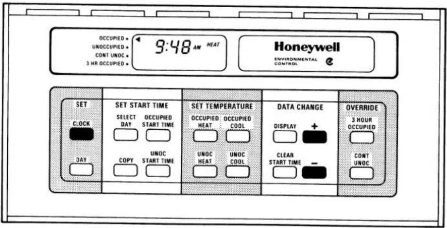 OCCUPIED UNOCCUPIED CONT UNOC 3 HR OCCUPIED 9:48 AM HEAT Honeywell ENVIRONMENTAL CONTROL SET CLOCK DAY SET START TIME SELECT DAY OCCUPIED START TIME UNOC COPY START TIME SET TEMPERATURE OCCUPIED: OCCUPIED HEAT COOL UNOC HEAT UNOC COOL DATA CHANGE DISPLAY + CLEAR START TIME - OVERRIDE 3 HOUR OCCUPIED CONT UNOC