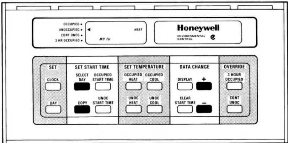 OCCUPIED UNOCCUPIED CONT UNOC 3 HR OCCUPIED HEAT MO TU Honeywell ENVIRONMENTAL CONTROL SET CLOCK DAY SELECT DAY COPY OCCUPIED START TIME UNOC START TIME SET START TIME DOCCUPIED OCCUPIED HEAT UNOC COOL UNOC HEAT UNOC COOL SET TEMPERATURE DATA CHANGE DISPLAY + CLEAR START TIME - OVERRIDE 3 HOUR OCCUPIED CONT UNOC