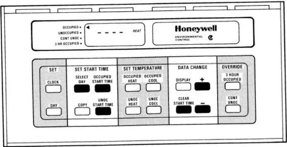 OCCUPIED * UNOCCUPIED * CONT UNOC * 3 HR OCCUPIED * HEAT Honeywell ENVIRONMENTAL CONTROL SET CLOCK DAY SET START TIME SELECT DAY OCCUPIED START TIME COPY UNOC START TIME SET TEMPERATURE OCCUPIED HEAT OCCUPIED COOL UNOC HEAT UNOC COCL DATA CHANGE DISPLAY + CLEAR START TIME - OVERRIDE 3 HOUR OCCUPIED CONT UNOC