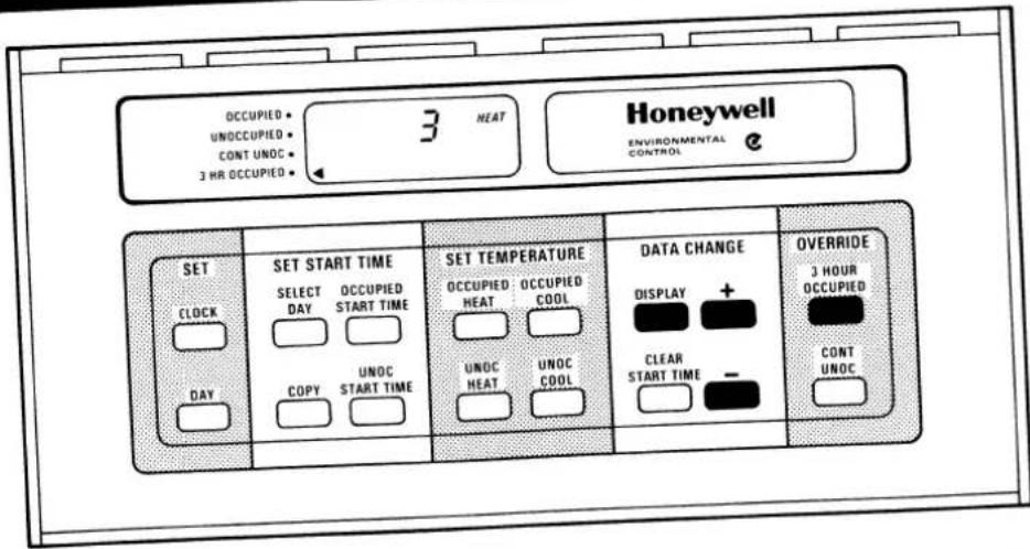 OCCUPIED UNOCCUPIED CONT UNOC 3 HR OCCUPIED 3 HEAT Honeywell ENVIRONMENTAL CONTROL SET CLOCK DAY SET START TIME SELECT DAY OCCUPIED START TIME COPY UNOC START TIME SET TEMPERATURE OCCUPIED: OCCUPIED COOL HEAT UNOC HEAT UNOC COOL DATA CHANGE DISPLAY + CLEAR START TIME - OVERRIDE 3 HOUR OCCUPIED CONT UNOC