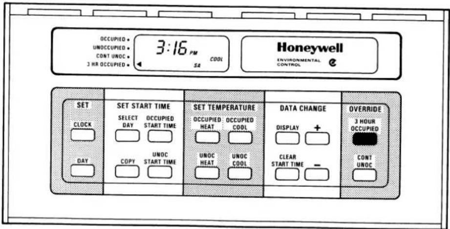 OCCUPIED UNOCCUPIED CONT UNOC 3 HR OCCUPIED 3:16 PM COOL SA Honeywell ENVIRONMENTAL CONTROL SET CLOCK DAY SET START TIME SELECT DAY OCCUPIED START TIME UNOC COPY START TIME SET TEMPERATURE OCCUPIED: OCCUPIED HEAT COOL UNOC HEAT UNOC COOL DATA CHANGE DISPLAY + CLEAR START TIME - OVERRIDE 3 HOUR OCCUPIED CONT UNOC