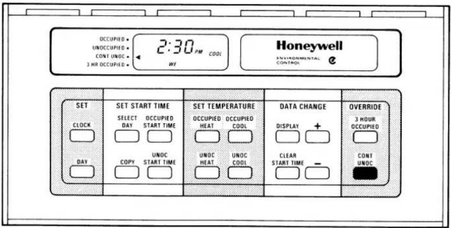 OCCUPIED UNOCCUPIED CONT UNOC 3 HR OCCUPIED 2:30 PM COOL WE Honeywell ENVIRONMENTAL CONTROL SET CLOCK DAY SET START TIME SELECT DAY OCCUPIED START TIME UNOC COPY START TIME SET TEMPERATURE OCCUPIED HEAT OCCUPIED COOL UNOC HEAT UNOC COOL DATA CHANGE DISPLAY + CLEAR START TIME - OVERRIDE 3 HOUR OCCUPIED CONT UNOC