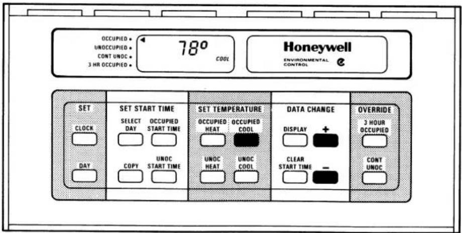OCCUPIED UNOCCUPIED CONT UNOC 3 HR OCCUPIED 78° COOL Honeywell ENVIRONMENTAL CONTROL SET CLOCK DAY SET START TIME SELECT DAY OCCUPIED START TIME UNOC START TIME COPY SET TEMPERATURE OCCUPIED HEAT OCCUPIED COOL UNOC HEAT UNOC COOL DATA CHANGE DISPLAY + CLEAR START TIME - OVERRIDE 3 HOUR OCCUPIED CONT UNOC