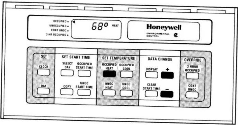 OCCUPIED UNOCCUPIED CONT UNOC 3 HR OCCUPIED 68° HEAT Honeywell ENVIRONMENTAL CONTROL SET CLOCK DAY SELECT DAY OCCUPIED START TIME COPY UNOC START TIME SET START TIME SELECT DAY OCCUPIED START TIME UNOC START TIME SET TEMPERATURE OCCUPIED: OCCUPIED HEAT COOL UNOC HEAT UNOC COOL DATA CHANGE DISPLAY + CLEAR START TIME - OVERRIDE 3 HOUR OCCUPIED CONT UNOC