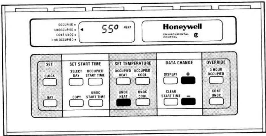 OCCUPIED UNOCCUPIED CONT UNOC 3 HR OCCUPIED 55° HEAT Honeywell ENVIRONMENTAL CONTROL SET CLOCK DAY SET START TIME SELECT DAY OCCUPIED START TIME COPY UNOC START TIME SET TEMPERATURE OCCUPIED HEAT OCCUPIED COOL UNOC HEAT UNOC COOL DATA CHANGE DISPLAY + CLEAR START TIME - OVERRIDE 3 HOUR OCCUPIED CONT UNOC