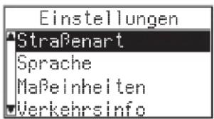 Einstellungen Straβenart Sprache Maßeinheiten Verkehrsinfo