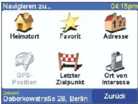 Navigieren zu... 04:15pm Heimatort Favorit Adresse GPS- Position Letzter Zielpunkt Ort von Interesse Ziepunkt: Daberkowstraße 28, Berlin Zurück