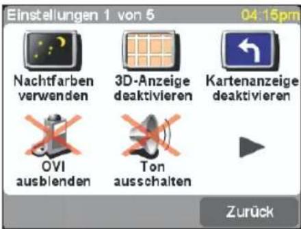 Einstellungen 1 von 5 04:15pm Nachtfarben verwenden 3D-Anzeige deaktivieren Kartenanzeige deaktivieren OVI ausblenden Ton ausschalten Zurück