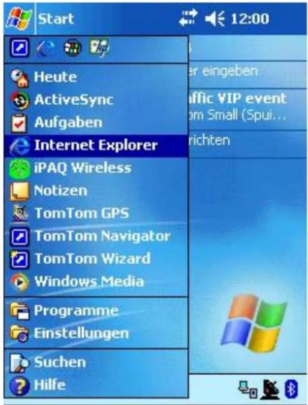Start Heute ActiveSync Aufgaben Internet Explorer iPAQ Wireless Notizen TomTom GPS TomTom Navigator TomTom Wizard Windows Media Programme Einstellungen Suchen Hilfe 12:00 er eingeben Vific VIP event om Small (Spui... richten
