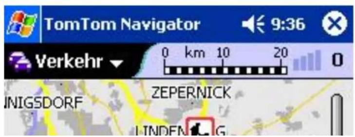 TomTom Navigator 9:36 Verkehr 0 km 10 20 UNIGSDORF ZEPERNICK LINDENLOG