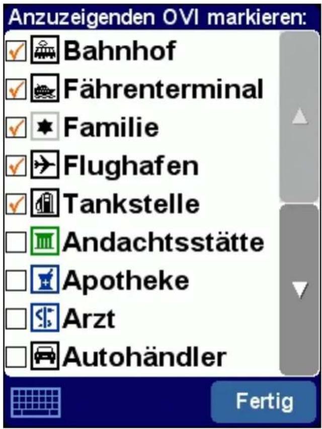 Anzuzeigenden OVI markieren: Bahnhof Fährenterminal Familie Flughafen Tankstelle Andachtsstätte Apotheke Arzt Autohändler Fertig